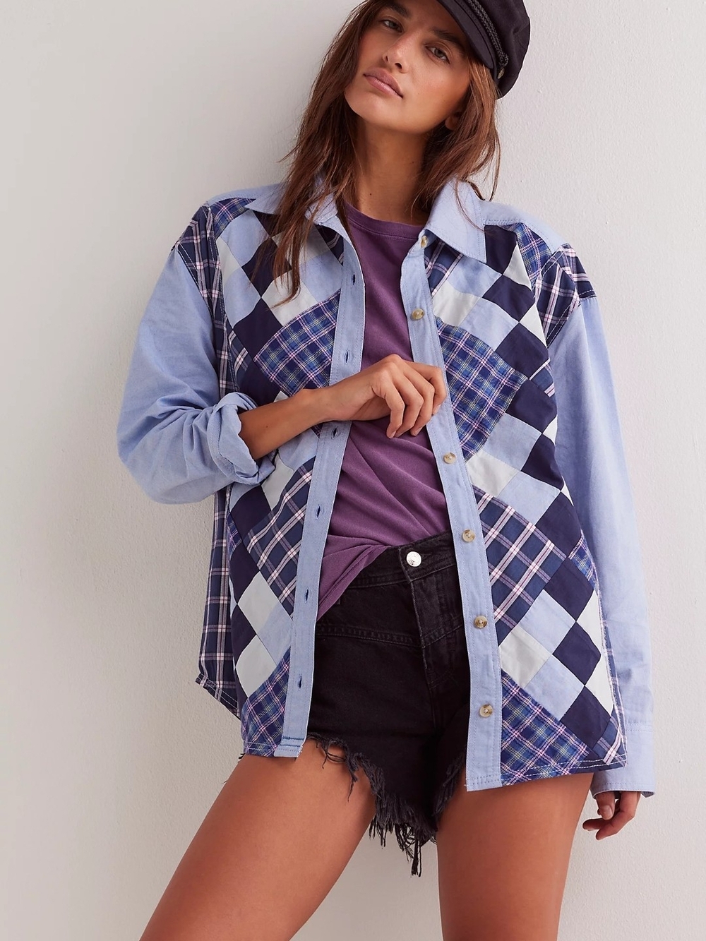 We The Free Light Blue & Navy Patchwork Plaid Button-Down Shirt Sz L